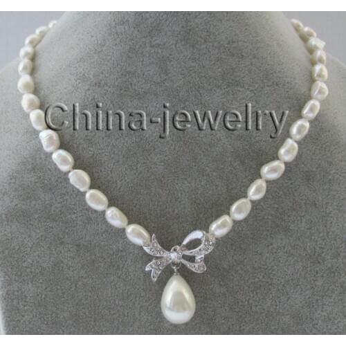 Free shipping 17" 11mm natural white baroque freshwater pearl necklace+16mm white shell pearl