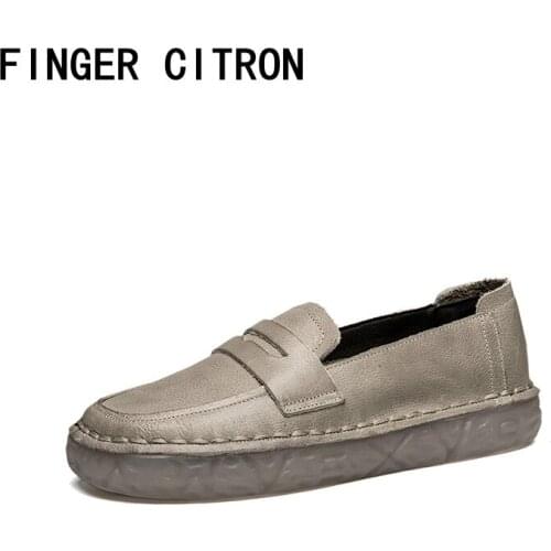 Finger Citron Genuine Cow Leather Women Casual Flat Shoes Round Toe Gum Rubber Outsole Soft By Handmade Lady Style Size 35-41