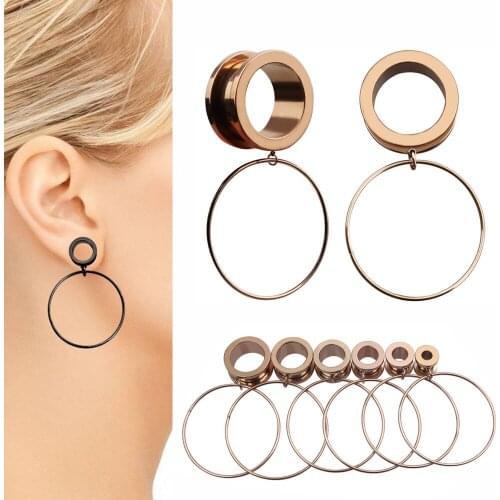 Pair Steel Ear Plugs Tunnels Flesh Earring Piercings Lobe Circle Pendant Screw Ear Gauge Ear Expanders Body Jewelry Piercing