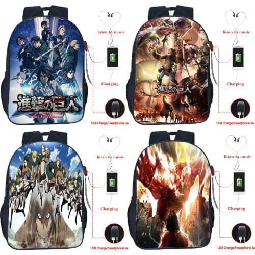 Boys Attack on Titan Backpack Schoolbag Teens Book Knapsack Eren Bag Shingeki No Kyojin USB Charging School Rucksack Travel Gift