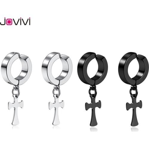 Jovivi New Stainless Steel Cross Dangle Earrings Mens Womens Clip On Earring Fake Ear Hoop Ring Non-Piercing Ear Rings Jewelry