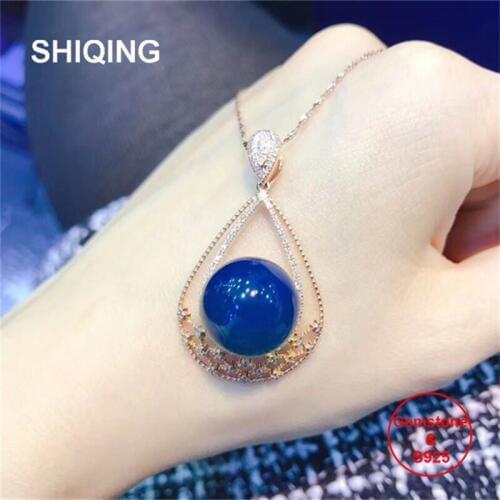 SHIQING 5A Nature blue amber water drop 925 sterling silver mermaid tear trendy necklace for her