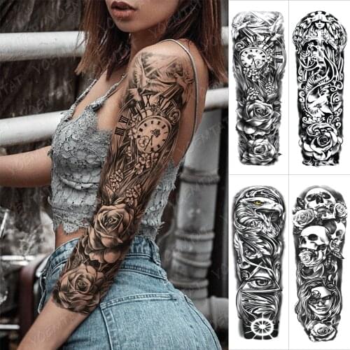 Large Arm Sleeve Tattoo Clock Halo Cross Waterproof Temporary Tatto Sticker Peace Dove Rose Body Art Full Fake Tatoo Women Men