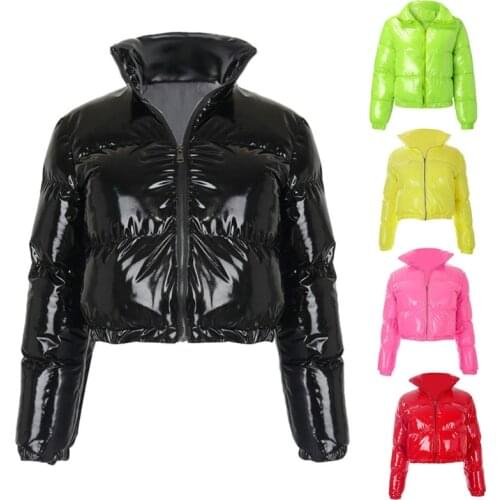 Women Long Sleeve Zipper Puffer Jacket Shiny Metallic Faux Leather Cropped Coat Q1QA