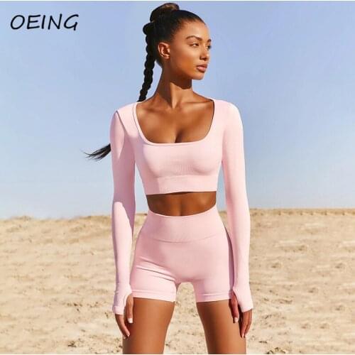 Womens Two Piece Yoga Sets Long Sleeve Crop Tops and Shorts Tracksuit Workout Fitness Jogger Set