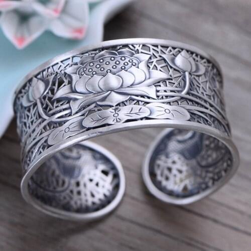 BOCAI new SOLID S999 pure silver jewelry female bracelet vintage Thai silver engraved lotus flower woman bracelet fashion
