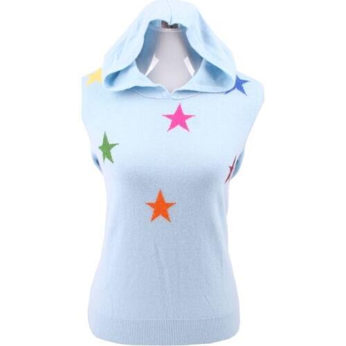 100%cashmere pentagram jacquard knit women hooded pullover sweatshirts coat light blue 2color S/90-5XL/125 retail wholesale