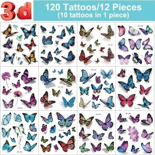 12 pcs/120 Tattoos (10 Tattoos in 1 Piece) 3D tatoo sticker Waterproof Butterfly female Sexy clavicle chest ankle temporary