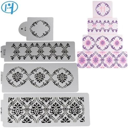 4pcs Royal Damask Cake Stencil Decorative Flowers Leaves Cupcake Stencil Cake Mould Frostings Spray Cookie Stencils Cup