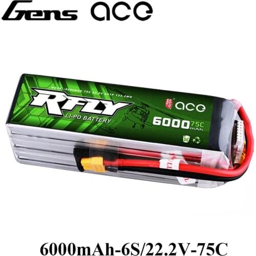 Gens ace RFLY 6000mAh 22.2V 75C Max 150C Lipo 6S Battery with XT60 Plug for Traxxas Boat Helicopter Fixed Wing Drone Car