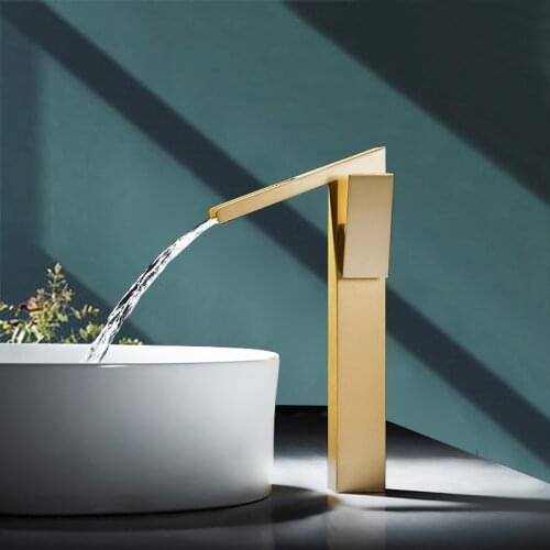 Basin Waterfall Mixer Faucet Bathroom Sink Tap Brushed Gold Brass Hot and Cold Faucet Single Handle Hole Wash Basin Tap Torneira