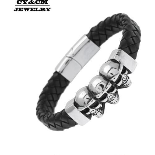 CY&CM Fashion Men Sheepskin Bracelet Stainless Steel Skeleton Skull Genuine Leather Braided Bangle Punk Charm Wristband Jewelry