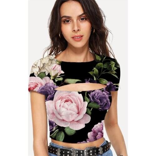 Somepet Flower T shirt Women Painting Hollow Out T shirts Art Shirt Print Peony Flower Navel Bare Womens Clothing Hip Hop