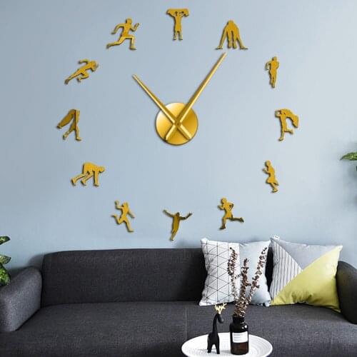 DIY Giant Wall Clock Sports Room Wall Decor Silent Clock Athlete Runners Silhouette Wall Art Mirror Stickers Watch Runner Gifts