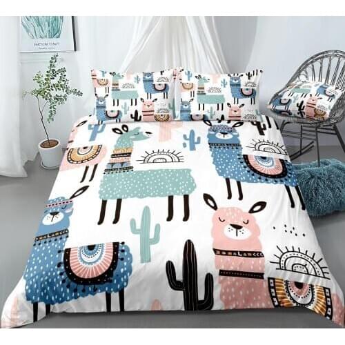 Cartoon Alpaca Duvet Cover Set Colorful Cactus Bedding Kids Boys Girls Animal Quilt Cover Queen Bed Set 3pcs King Dropship