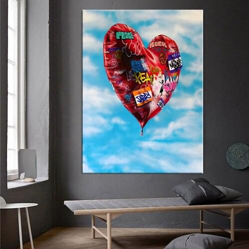 Red Love Balloon Graffiti Picture Canvas Printed Painting Modern Fly in Blue Sky Wall Art Poster Living Room Home Decoration
