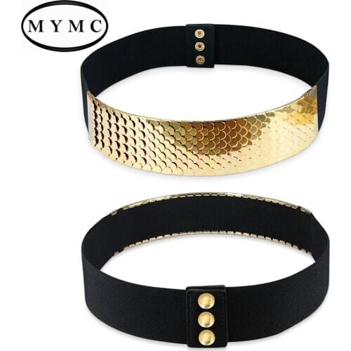 MYMC Fashion Womens Girdle Wide Belt Metal Fish Scale Elastic Waistband Female Girls Dress Accessories Wedding Jewelry