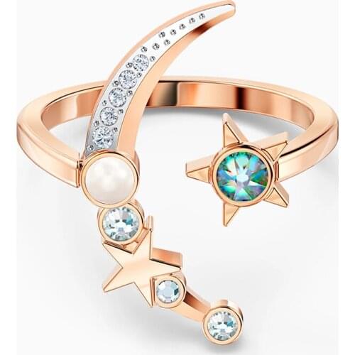 SWA New STARRY NIGHT MOON Ring Romantic Star And Semi-Circular Crescent Crystal Female Fashion Jewelry Romantic Engagement Ri