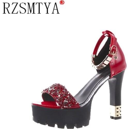 New Summer Women High Heels Wedding Party Sandals Open Toe Ankle Strap Chunky Heels Rhinestone Platform Sandals Diamond Shoes