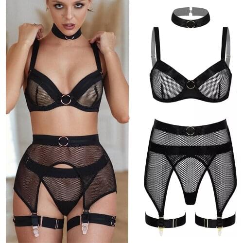 New Plus Size Sexy Women Lingerie Set Black Sensual Bundled Lace Underwear Punk Perspective Bra Thong Garter Belt Sets Sleepwear