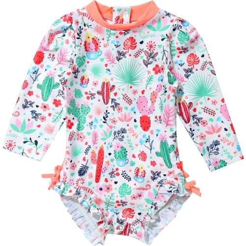 Toddler Baby Girls Kids Long Sleeve Floral Ruffles Flower Cute UV UPF 50+ One-Piece Swimsuits Beachwear Bathing Suit Swimwear