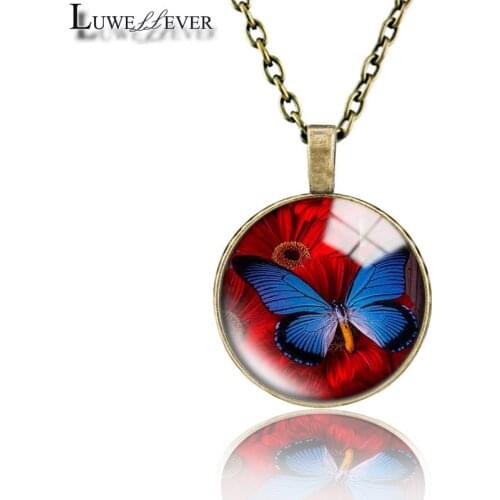 Butterfly Necklace 677 25mm Bronze 30mm Wood Rhinestone Double-sided Moon Round Glass Pendant For Women Gift