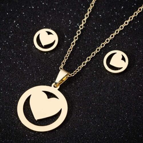 Cute Heart In A Circle Shaped Necklace Romantic Stud Earrings Simple Jewelry Set for Women Girls Bridal Accessories