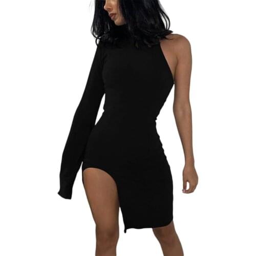 Sexy Vintage One Shoulder Split Dress Women Long Sleeve Hollow Out Solid Evening Party Club Fashion Elegant Skinny Mini Dress