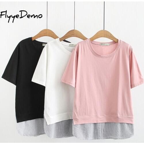 Fake 2 Pieces Tee Side Slit Women Super T Shirts Casual Round Neck Casual Loose Women Clothing Tops T-Shirts Plus Size S-4XL