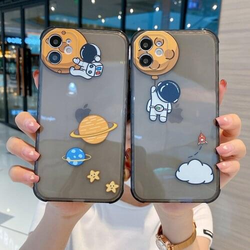 Cute Funny Astronaut Cartoon Spaceship Clear Phone Case For iphone 12 11 Pro X XR XS Max Mini 7 8 Plus Soft TPU Back Cover Case