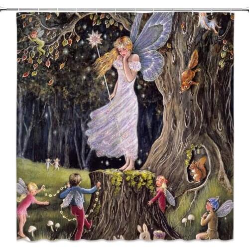 Retro Elf Girl Shower Curtain Enchanted Forest Kids Decor Queen Fairy with Child Angel Squirrel Animal Playing in Jungle