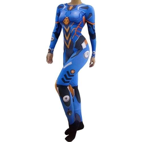 Novelty Robot Blue Printed Bodysuits Punk Style Jumpsuit Halloween Masquerade Stage Costume Role Playing Outfit
