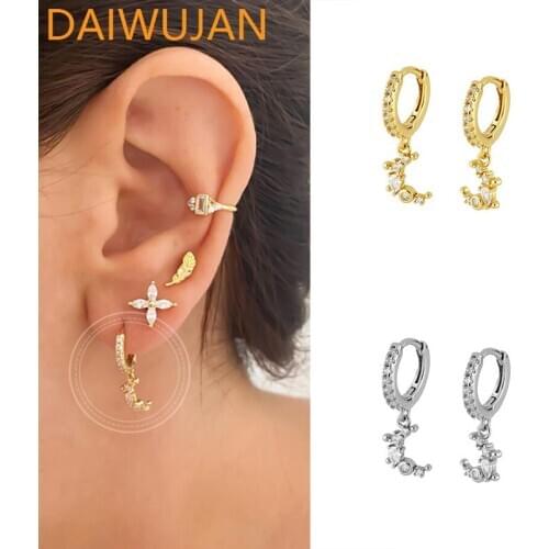 DAIWUJAN Real 925 Sterling Silver Moon Dangle Earrings Crystal Huggies Charms Loops Circle Hoop Earrings For Women Girl Jewelry