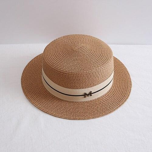 2021New Summer Womens Boater Beach Hat Wide Brim Female Casual Panama Hat Lady Classic Flat Bowknot Straw Sun Hat Fedora