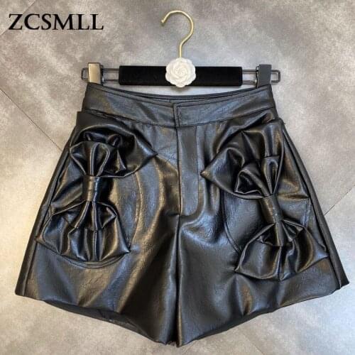 ZCSMLL 2021 Autumn Winter Pocket Split Bow Decoration Women Shorts Embossed Burst Crack Retro Style Thin Pu Leather Shorts