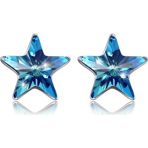 SILVERHOO Sterling 925 Silver Star Stud Earrings For Women Blue Shinning Crystal Earring Girlfriend Birthday Gift Fine Jewelry
