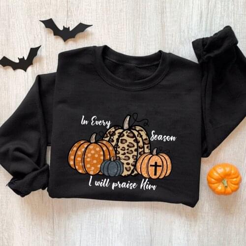 Colored In Every Season I Will Praise Him Sweatshirt Women Retro Leopard Pumpkin Thanksgiving Fall Pullovers Outfits