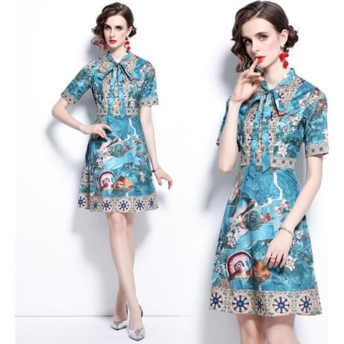 WTIANYUW Vintage Print Women Bow V Neck Short Sleeve Slim Mini Dress Femme 2021 New Summer Large Size A Line Vestidos Costumes