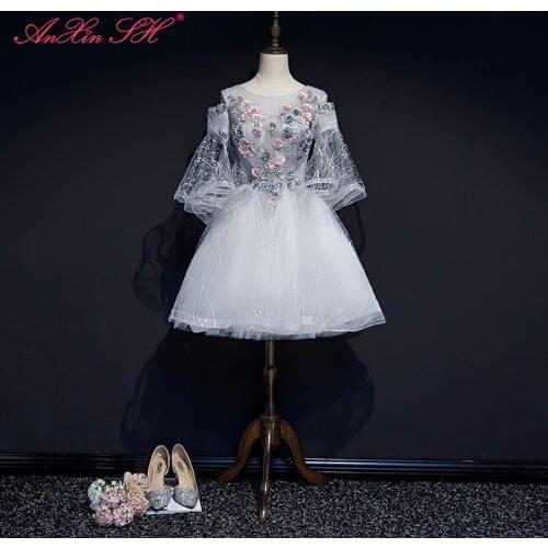 AnXin SH princess pink flower grey lace evening dress stage vintage o neck beading crystal half sleeve short evening dress