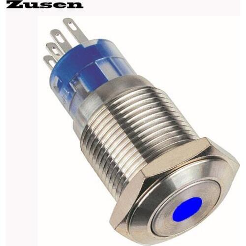 Zusen 16mm dot illuminated waterproof momentary push button switch(GQ16F-22D/B/12V/S)