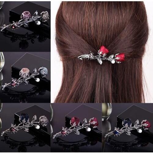1PC Hot Sale Ponytail holder Hair Clip Black Rhinestone Leaves Barrettes Rose Flower Christmas Gifts Crystal Hair Accessories