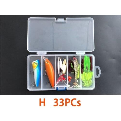 33PCs Lot Fishing Lure Bait Kit Popper Metal Spoon Jig Hooks Soft Worm Swimbait Sea Bass Trout Fishing Tackle Accessories