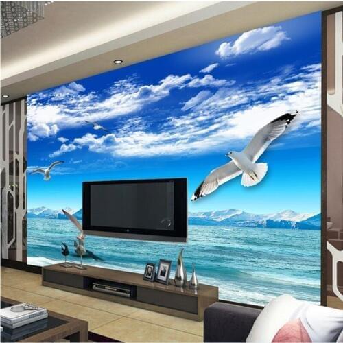 Beibehang papel de parede Large Custom Mural Blue Sky White Cloud Snow Mountain Seaview White Pigeon TV Background Wall