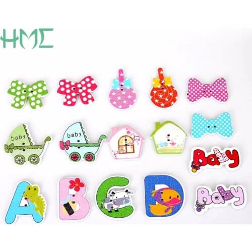 50PCs Random Mixed Decorative Buttons 2 Holes Mixed Wood Sewing Button Scrapbooking Baby Carriage shape Bowknot Words 2017 New