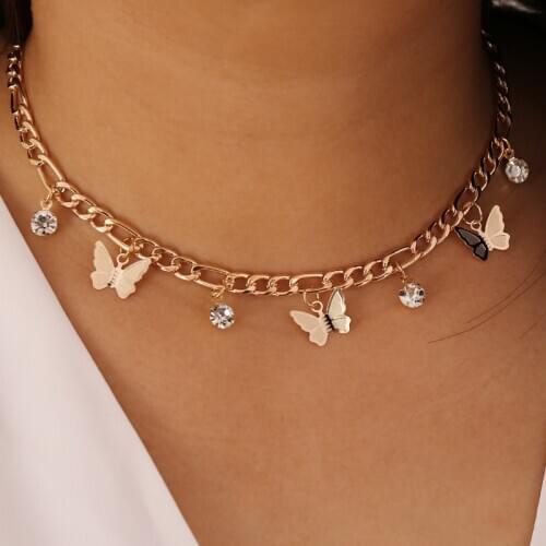 Boho Rhinestone Butterfly Charm Crystal Pendant Fashion Necklace for Women Elegant Choker Jewelry Accessories