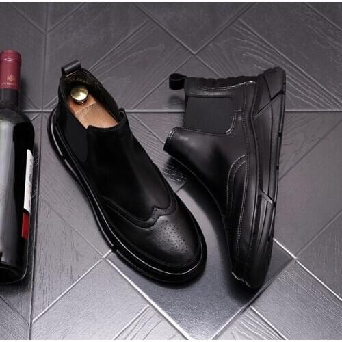 ERRFC New Arrival Luxury Mens Black Chelsea Boots Fashion Trending Round Toe Brogue Leisure Shoes Ankle Flat Platform Size 38-43