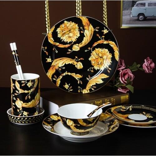 European Bone China Dinnerware Set Light Luxury Phnom Penh 8 Inch Plate Soup Bowl Spoon Chopstick Combination