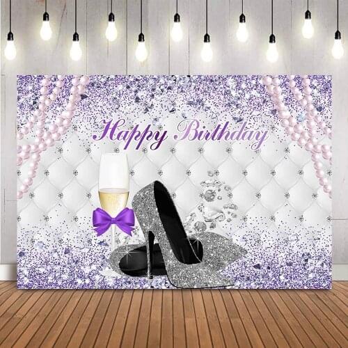 Purple Birthday Backdrop Sliver glitter High heels Champagne Adult Birthday Photo Background Dress up party supplies photocall