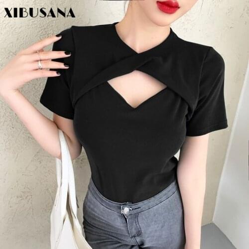 Summer Elegant Solid Short Sleeve Cotton Tees For Women Cross Hollow Out T-shirts Female Slim Elastic Bottoming Tops Pullovers