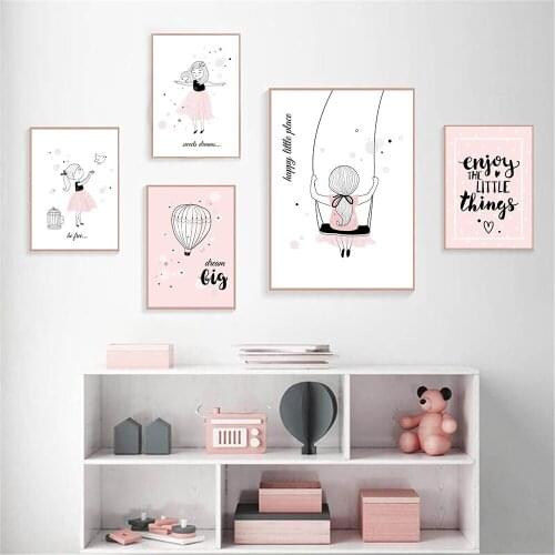 Baby Girl Canvas Print Pink Hot Air Balloon Painting Nursery Wall Art Poster Child Prints Nordic Wall Pictures Kids Room Decor
